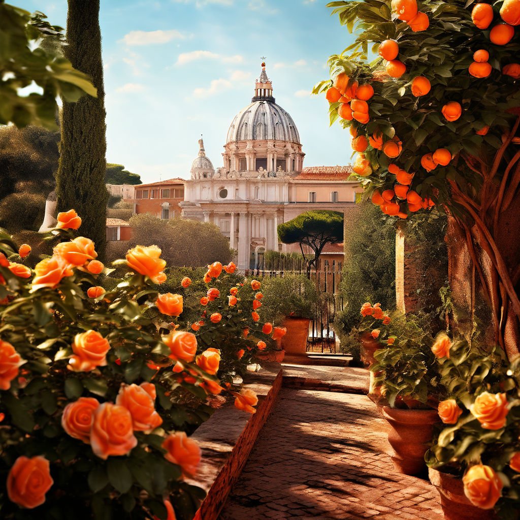 Rome garden with orange trees and roses. Can be seen part of St. Peter's Basilica. Perfect place to wear Lazarus Douvos We Met in Roma Perfume Review.