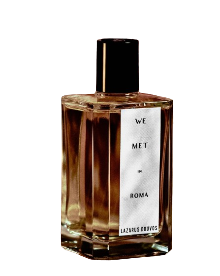 Packaging of Lazarus Duovus We Met in Roma Perfume. Heavy glass bottle with elegant curves. Polished cap.