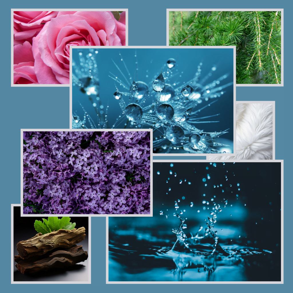 picture of fragrance note of fraiche perfume by issey miyake; rain notes, lilac, watery notes, damask rose, musk, sandalwood, virginia cedar