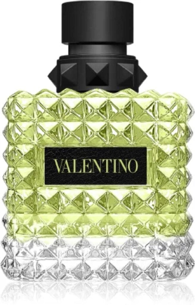 bottle of valentino donna born in roma perfume. glass with rockstud design.